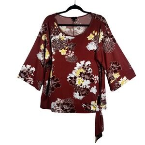 Ann Taylor Factory Floral Blouse Womens Burgundy Side Tie Size Large
